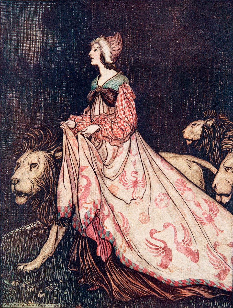 Ela foi embora acompanhada pelos Leões, do conto The Fairy Tales dos irmãos Grimm. 1909 de Arthur Rackham