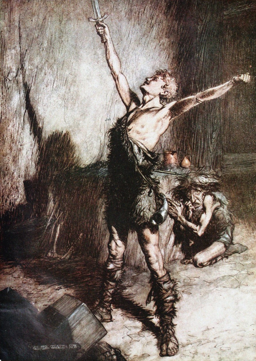 Siegfried forja sua espada. Ilustração para Siegfried e O Crepúsculo dos Deuses, de Richard Wag de Arthur Rackham