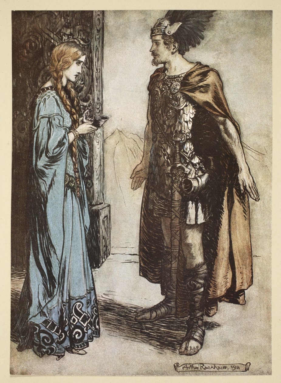 Siegfried entrega o chifre de beber de volta a Gutrune, e a contempla com uma paixão repentina, ilustração de "Siegfried and the Twilight of the Gods", 1924 de Arthur Rackham