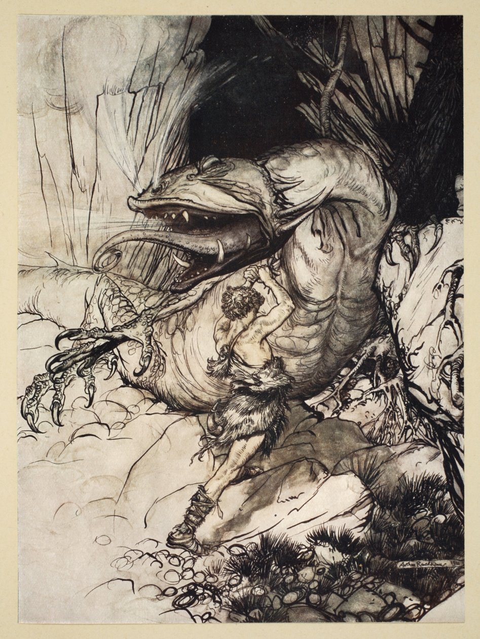Siegfried mata Fafner, ilustração de &39;Siegfried e o Crepúsculo dos Deuses&39;, 1924 de Arthur Rackham