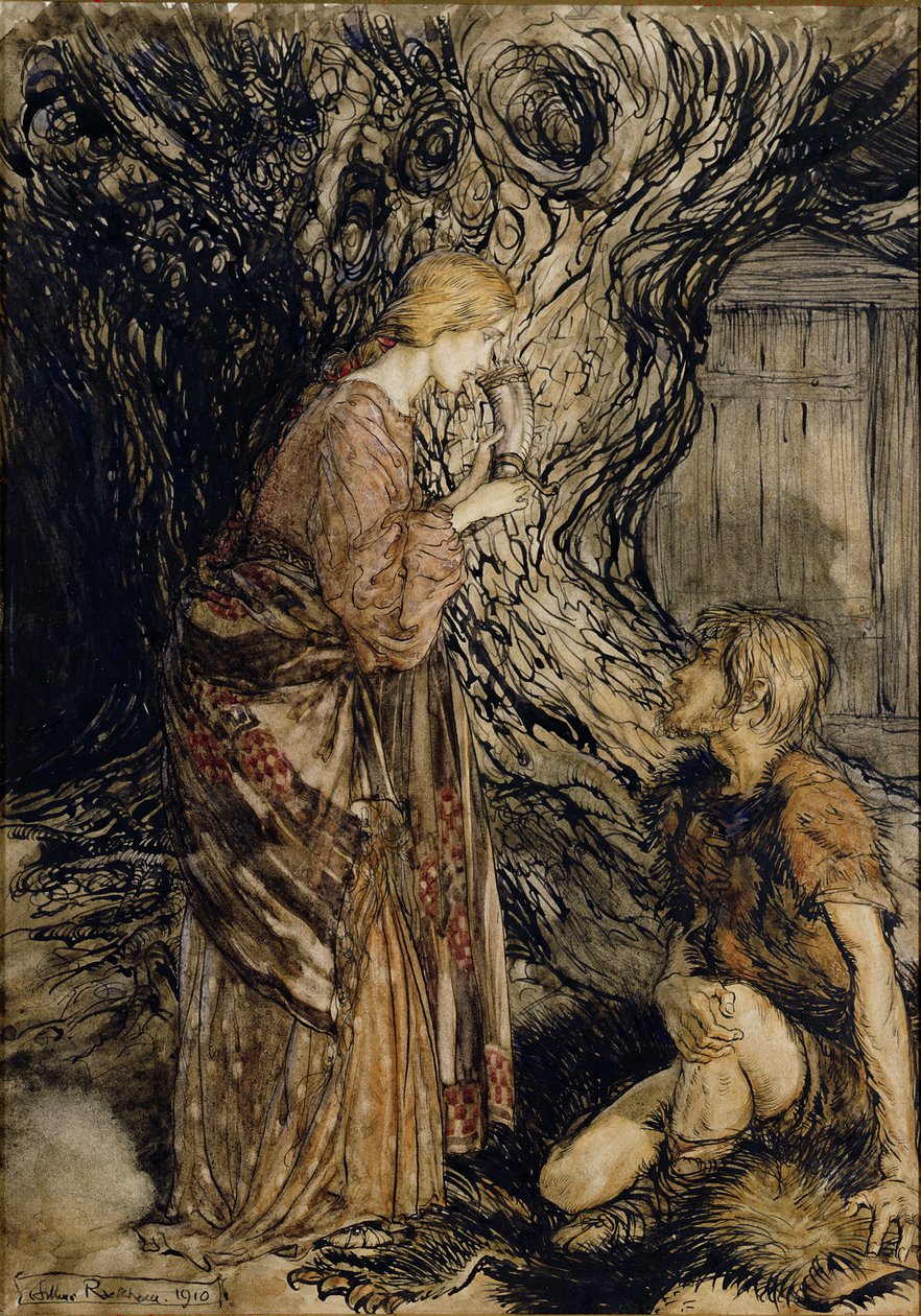 Siegmund e Sieglinde, ilustração de Rhinegold e Valquíria por Richard Wagner, Heinemann, 1910 (caneta e tinta com wc no papel) de Arthur Rackham