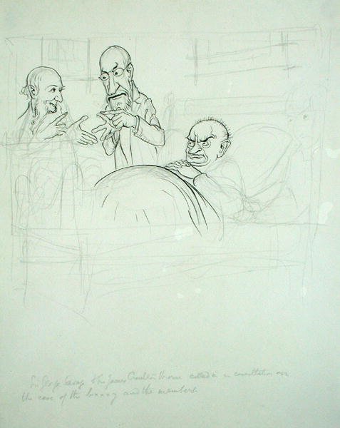 Sir George Savage e Sir James Crichton Browne (1840-1937) chamados em consulta sobre o caso do BXXXY e os membros (caneta e tinta e lápis sobre papel) de Arthur Rackham
