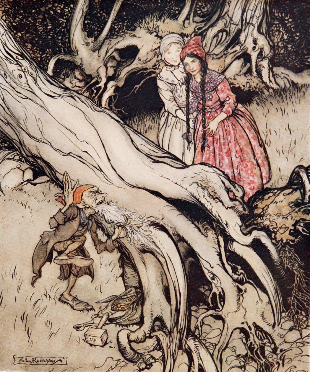 Snow-White e Rose-Red, de Little Brother & Little Sister e Outros Contos dos Irmãos Grimm, pub.1917 (cor litho) de Arthur Rackham