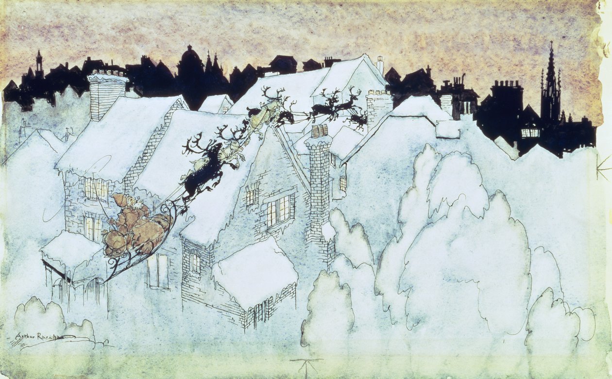 "Então, até o topo da casa, os Coursers eles voaram", ilustração para o pub "A noite antes do Natal". 1931 de Arthur Rackham