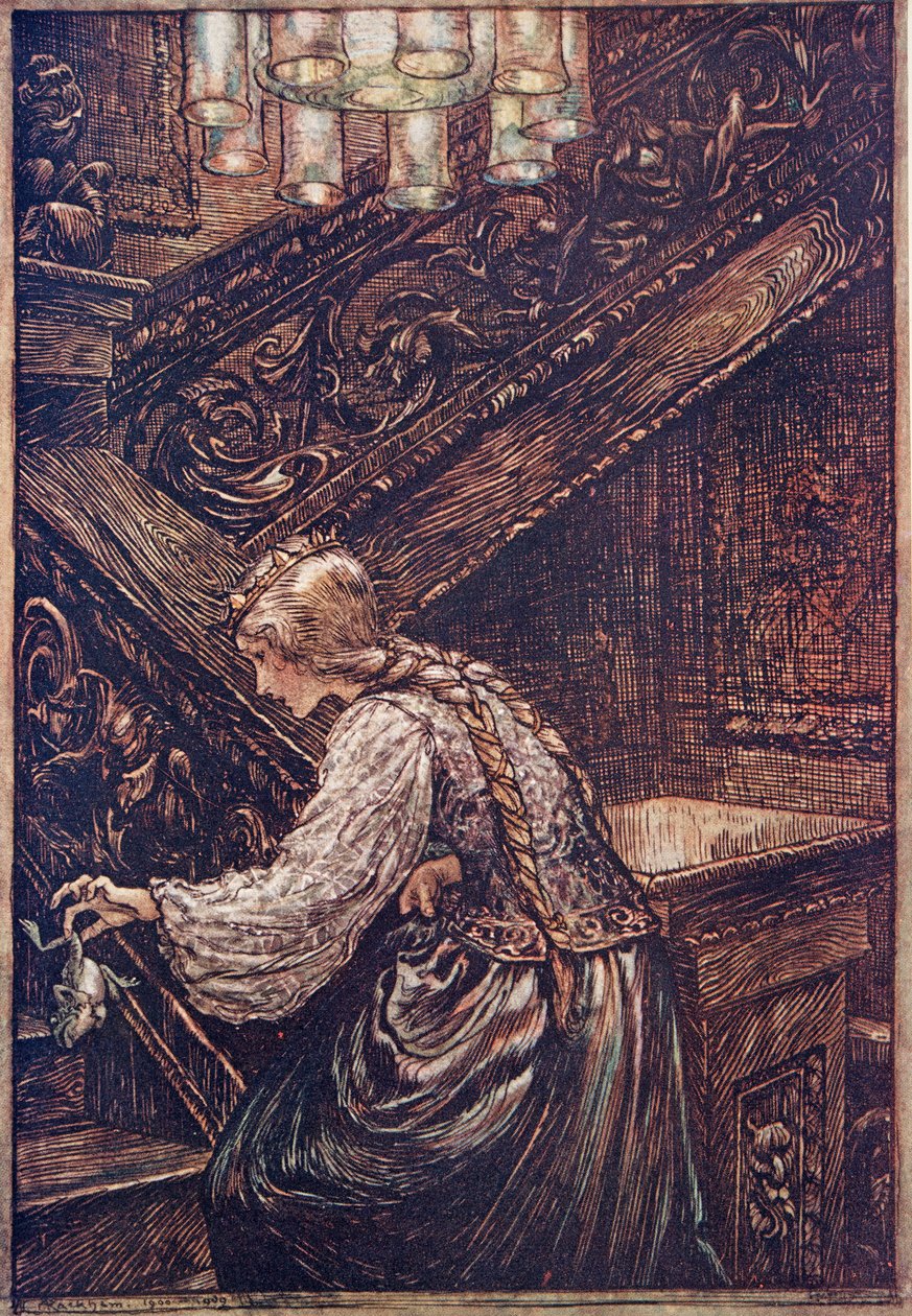 Então ela agarrou-o com dois dedos e carregou-o para cima ... de The Fairy Tales dos Irmãos Grimm, pub. 1909 de Arthur Rackham