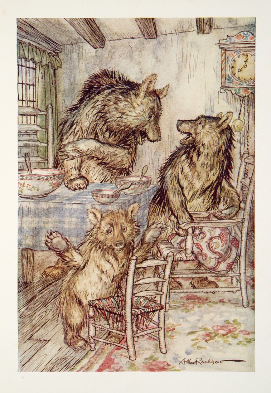 Alguém está sentado na minha cadeira e sentou-se no fundo! disse o Pequeno, Pequeno Urso, do Livro de Fadas de Arthur Rackham, pub. 1933 de Arthur Rackham