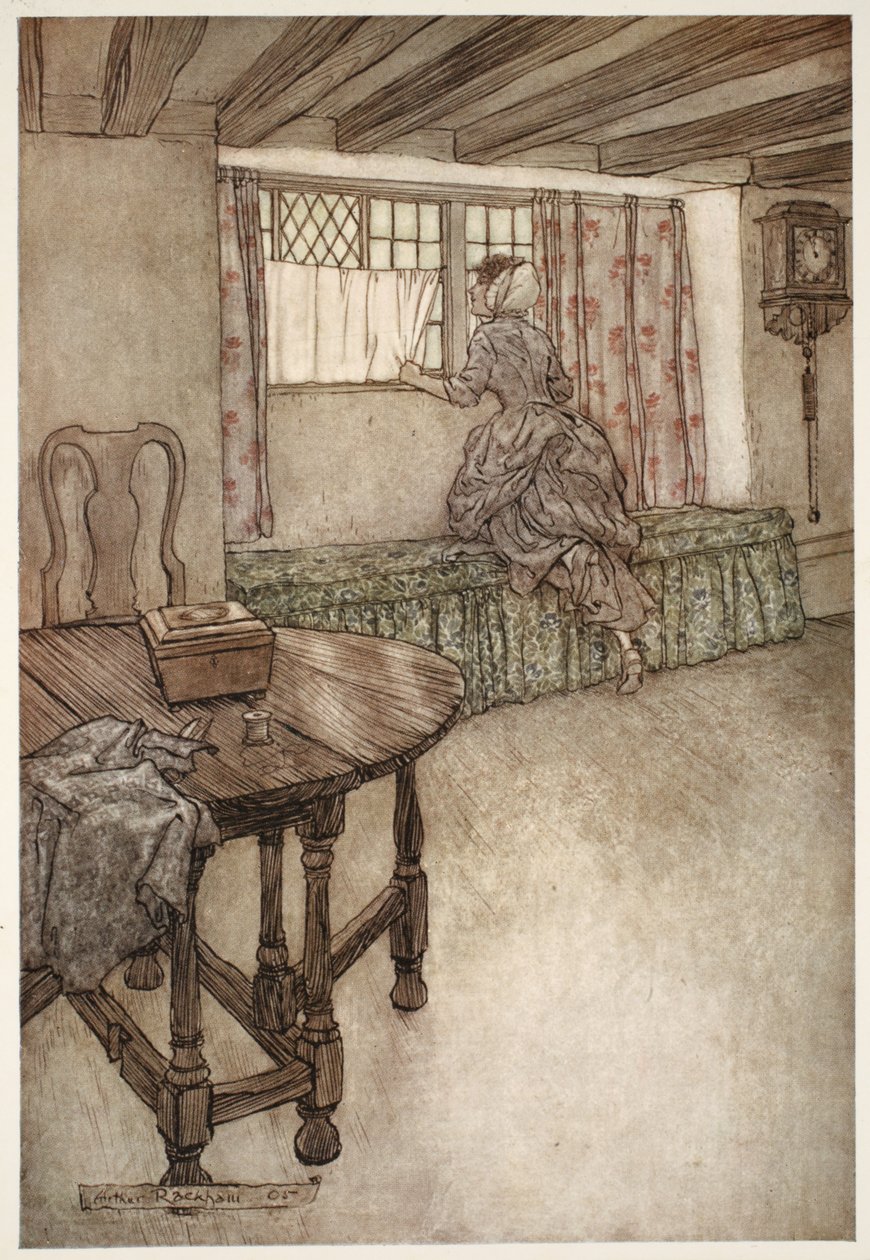 Nomes estranhos estavam por cima das portas - rostos estranhos nas janelas - tudo era estranho, de Rip Van Winkle, de Washington Irving, pub. 1910 de Arthur Rackham
