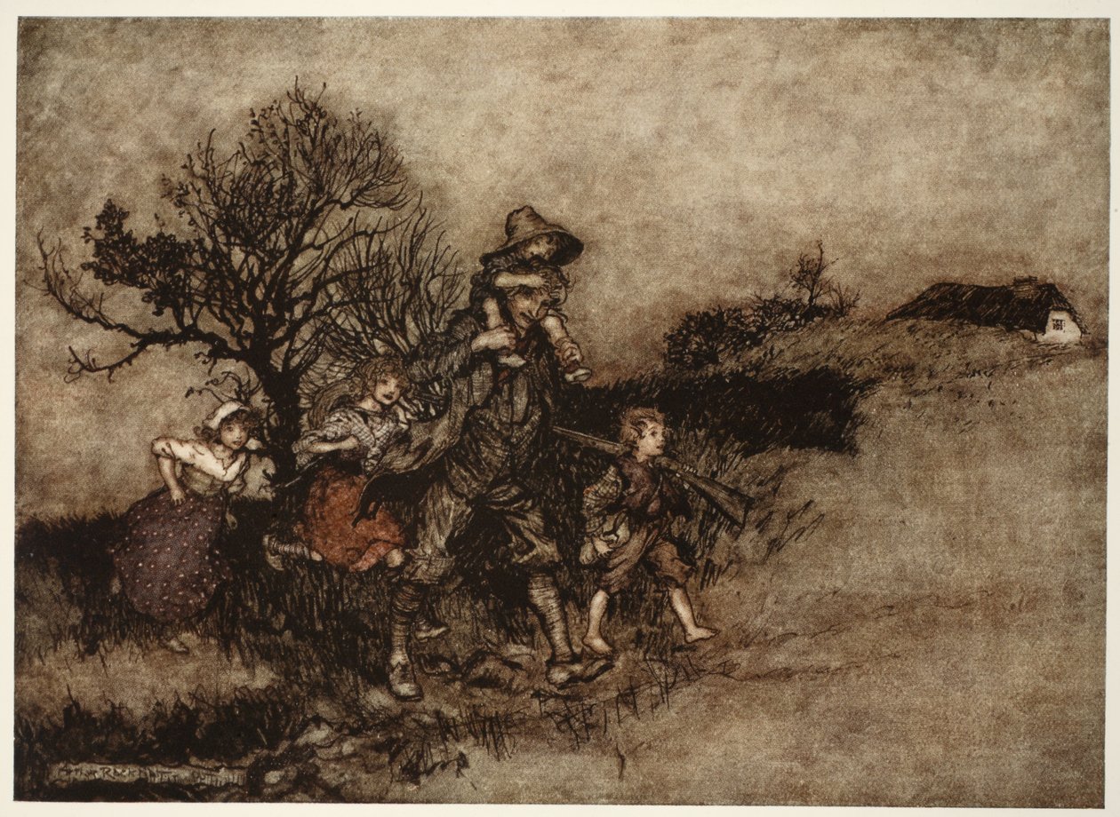 Cercado por uma tropa de crianças, de Rip Van Winkle por Washington Irving, pub. 1910 de Arthur Rackham