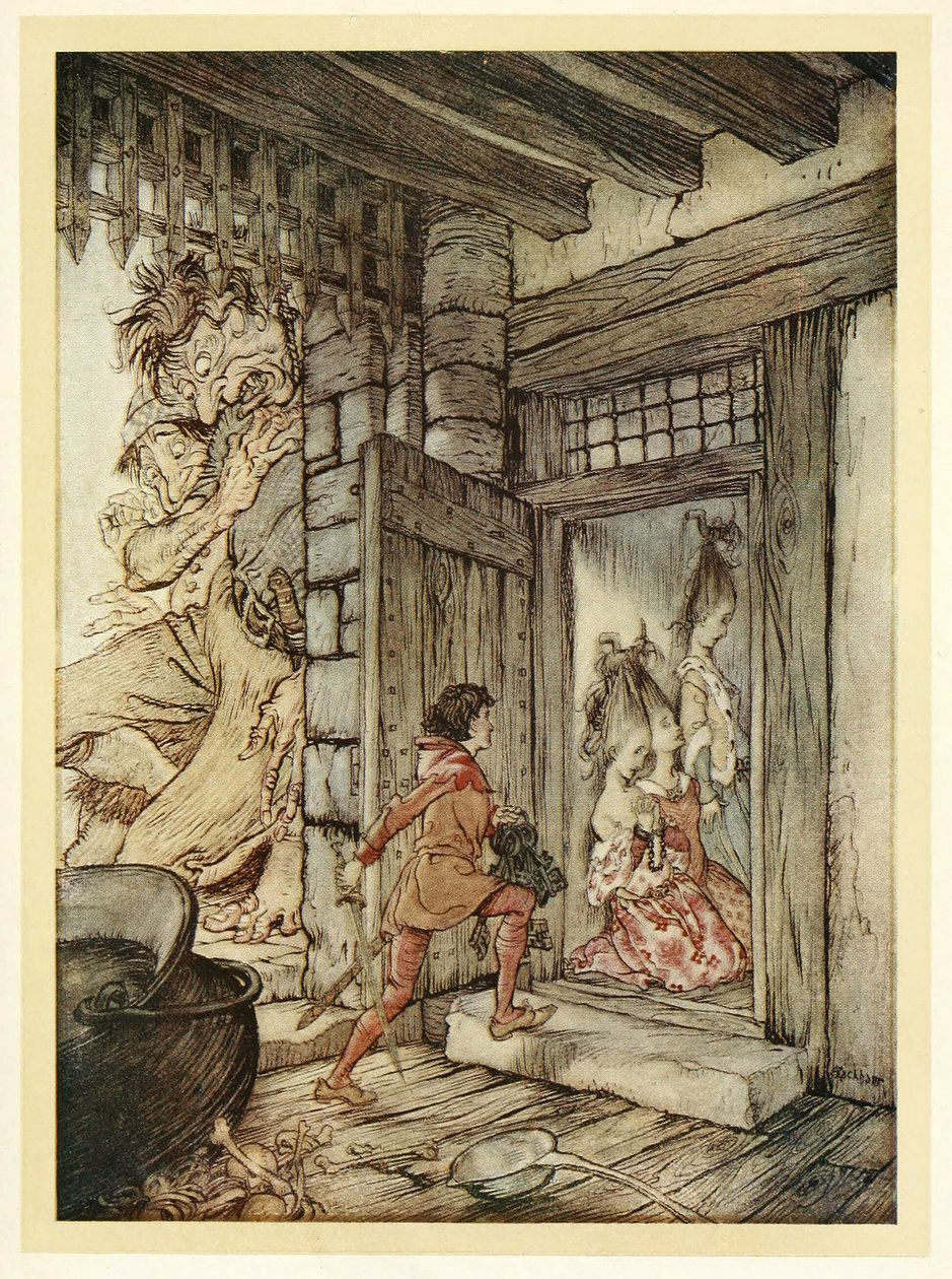 Pegando as chaves do castelo, Jack destrancou todas as portas, do pub inglês English Fairy Tales. 1922 de Arthur Rackham