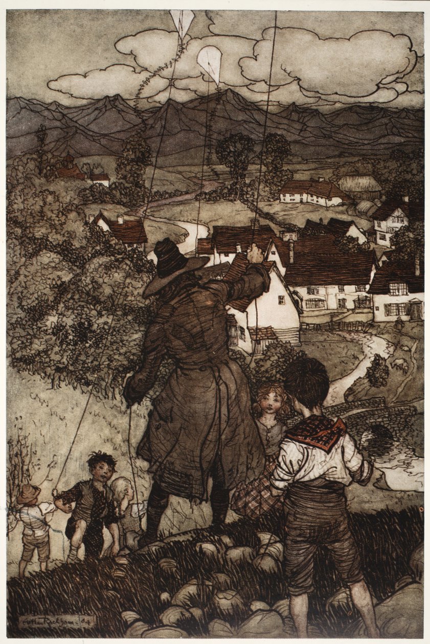 Ensinou-os a fazer pipas, de Rip Van Winkle, de Washington Irving, pub. 1910 de Arthur Rackham