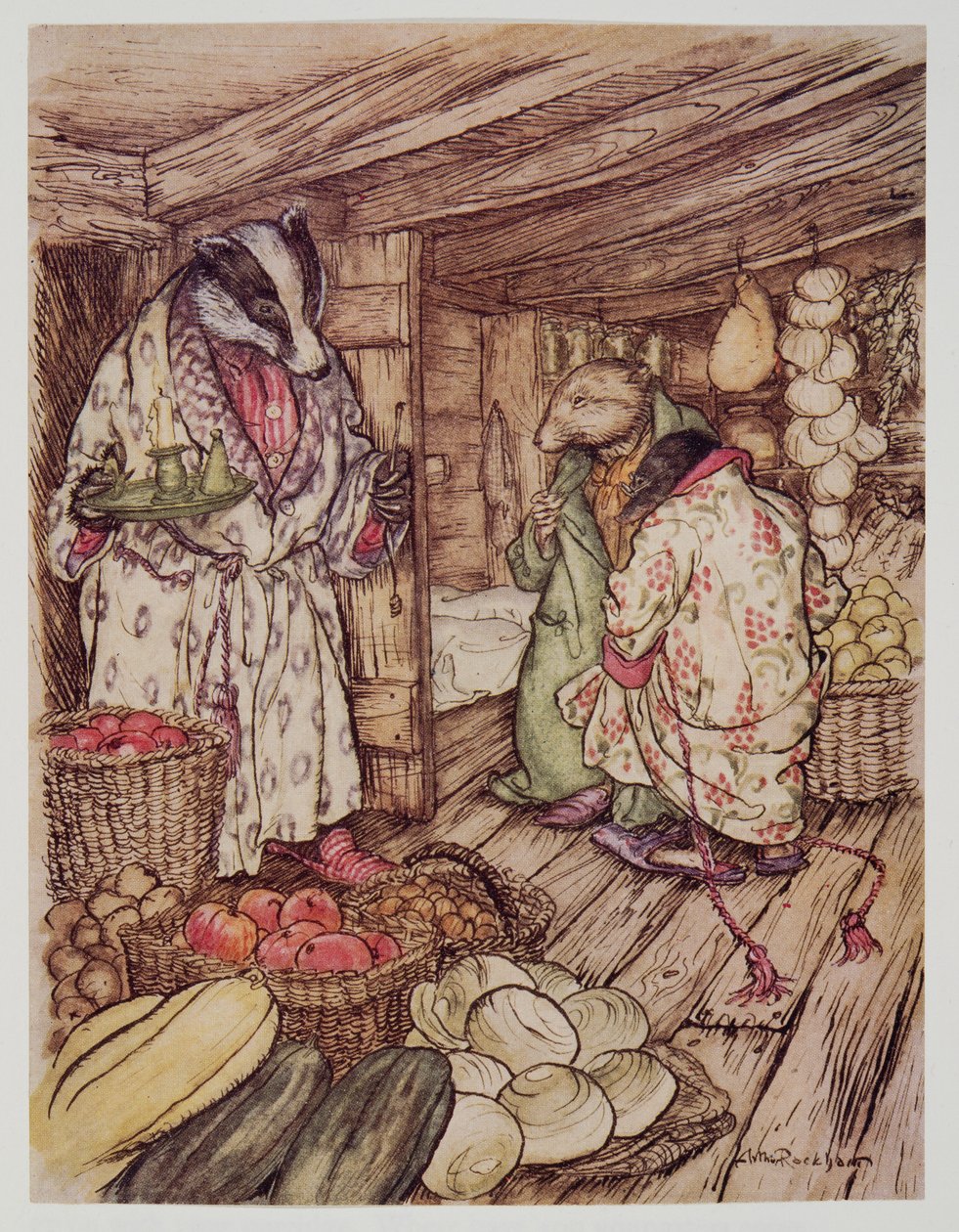 As lojas de inverno dos texugos, que na verdade eram visíveis por toda parte, ocuparam metade do espaço, de Wind in the Willows, de Kenneth Grahame (1859 - 1932), pub. 1940 de Arthur Rackham