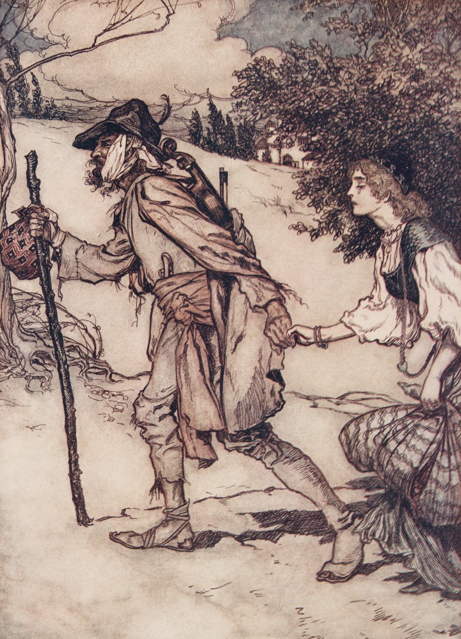 O mendigo pegou-a pela mão e levou-a para longe dos contos de fadas dos Irmãos Grimm, pub. 1909 de Arthur Rackham