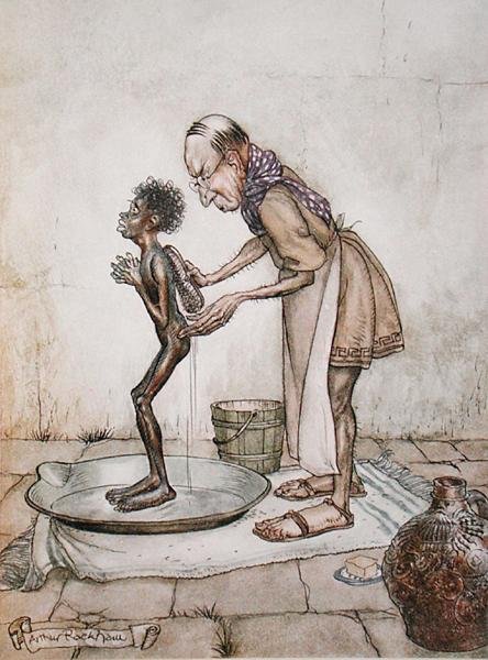 The Blackamoor, ilustração de "Fábulas de Esopo", publicado por Heinemann de Arthur Rackham