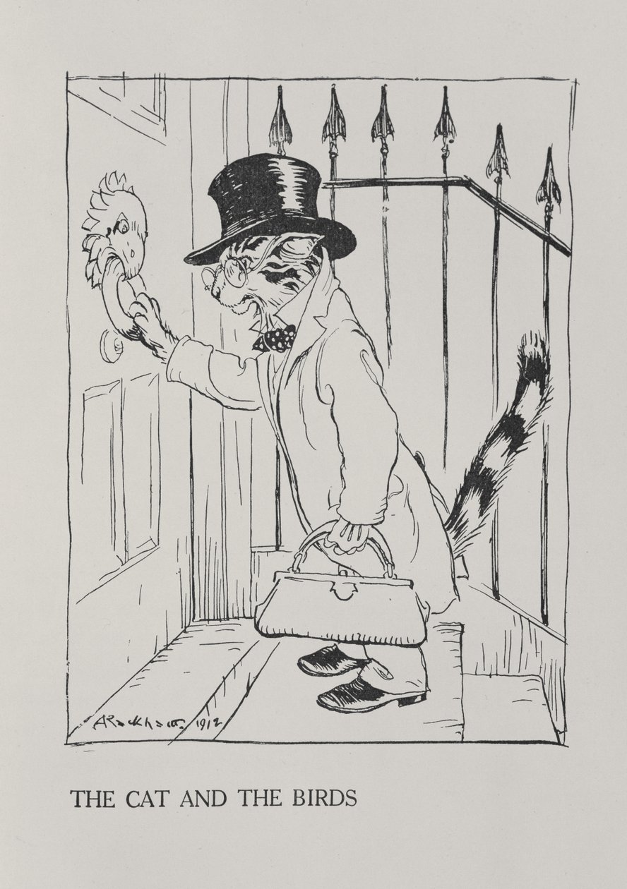 O Gato e os Pássaros, ilustração de &39;Fábulas de Esopo&39;, publicado por Heinemann, 1912 de Arthur Rackham