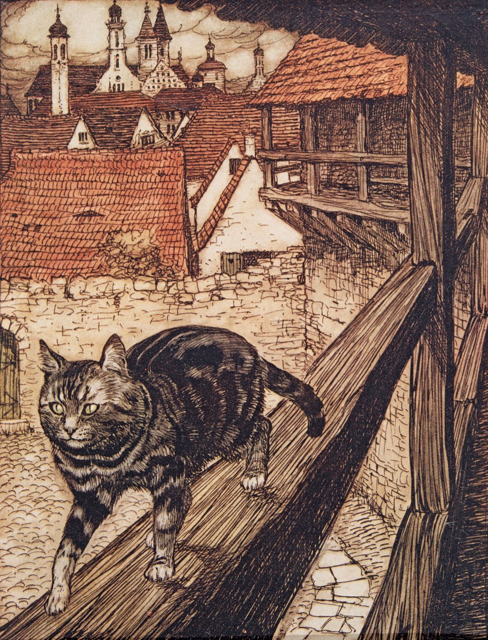 O gato se escondeu atrás das muralhas da cidade para a Igreja ..., dos contos de fadas dos irmãos Grimm, pub. 1909 de Arthur Rackham