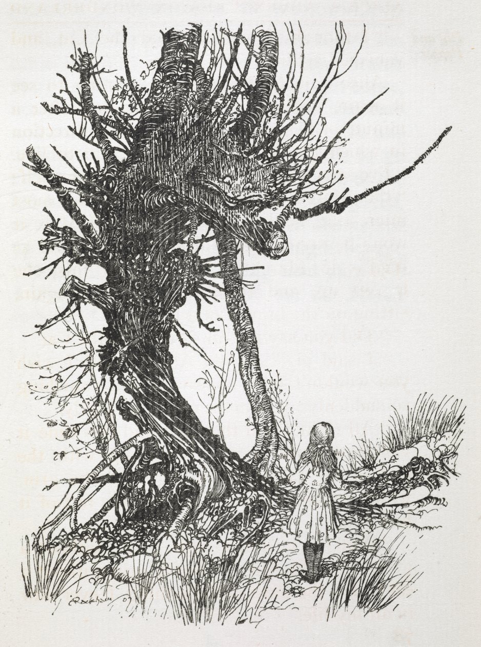 O Gato de Cheshire numa árvore a olhar para a Alice de Arthur Rackham