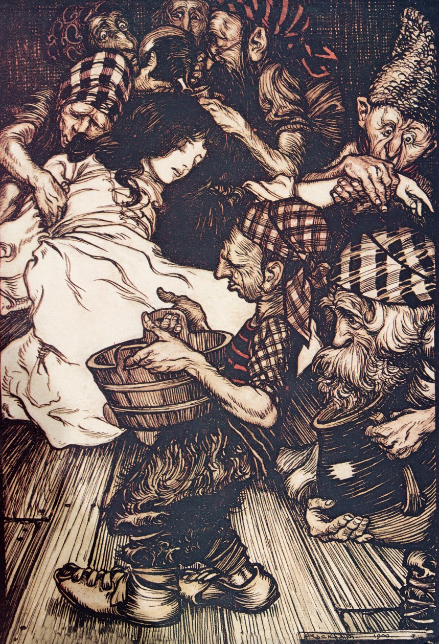 Os anões, quando chegaram à noite, encontraram Snowdrop no chão, de The Fairy Tales dos irmãos Grimm, pub. 1909 de Arthur Rackham