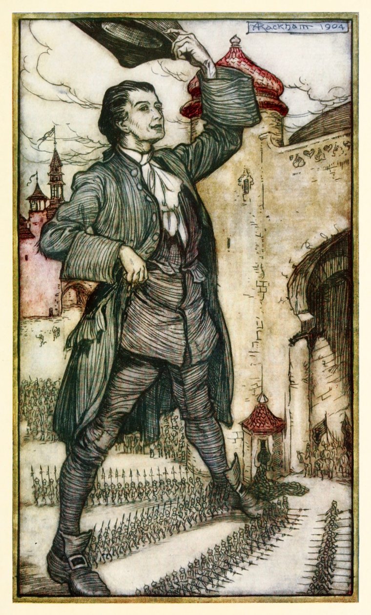 O Imperador de Lilliput revisa suas tropas da Parte I: Uma Viagem a Lilliput em Gullivers Viaja por Jonathan Swift de Arthur Rackham