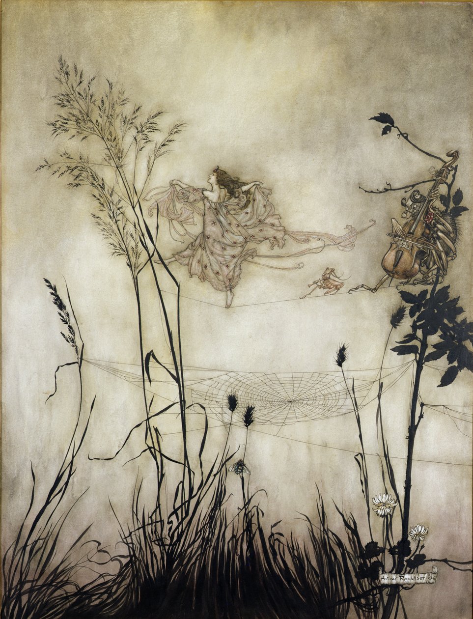 As Fadas são Dançarinos Requintados, ilustração em Peter Pan em Kensington Gardens por JM Barrie (1860-1937) 1906 (caneta e tinta com wc no papel) de Arthur Rackham