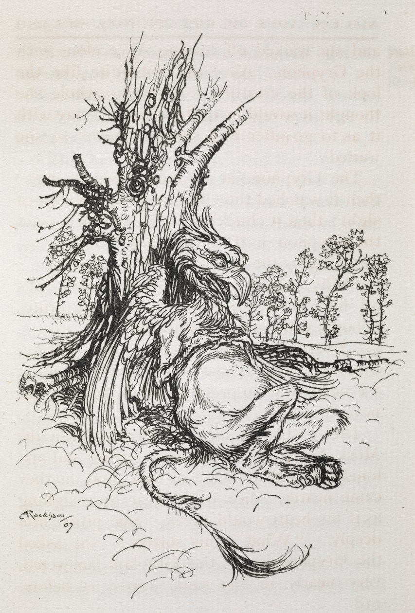 O Gryphon sentado contra uma árvore de Arthur Rackham