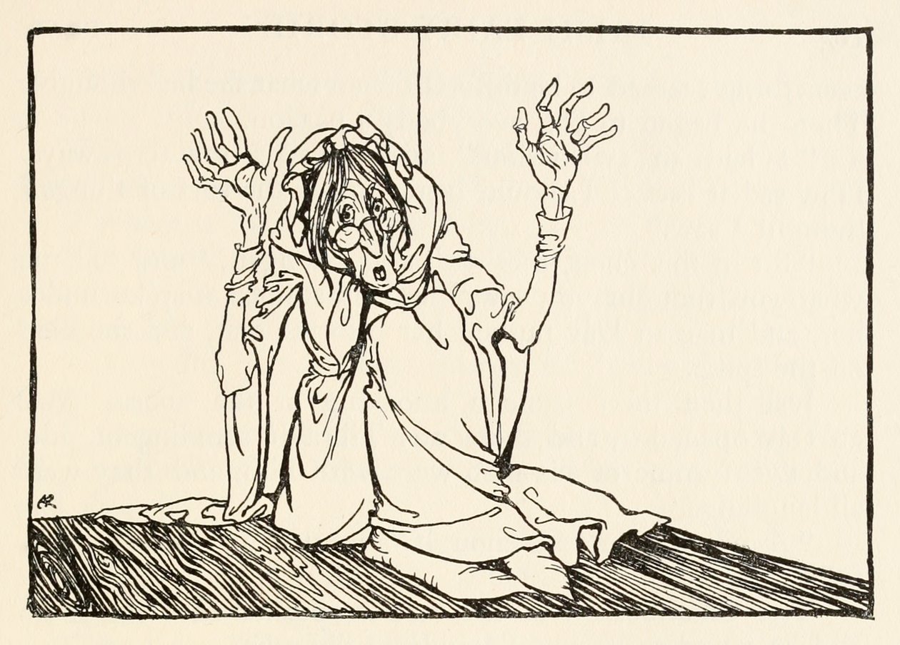 O Bruxa sentou-se contra a parede, de Morgans Frenzy em Irish Fairy Tales de Arthur Rackham
