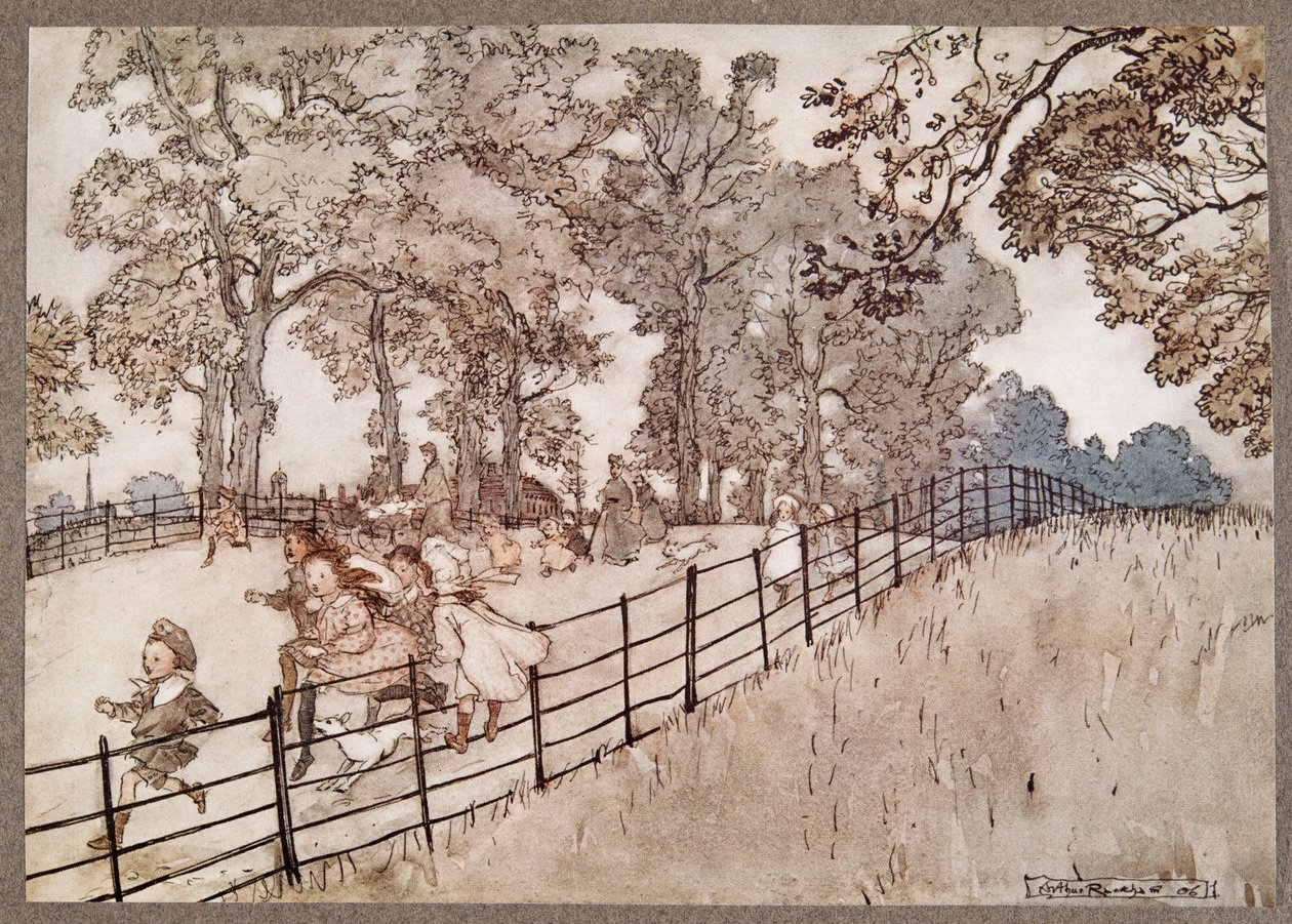 A corcova que é a parte da Caminhada Larga onde todas as grandes corridas são corridas, de Peter Pan em Jardins de Kensington por JM Barrie (1860 - 1937), bar. 1906 de Arthur Rackham