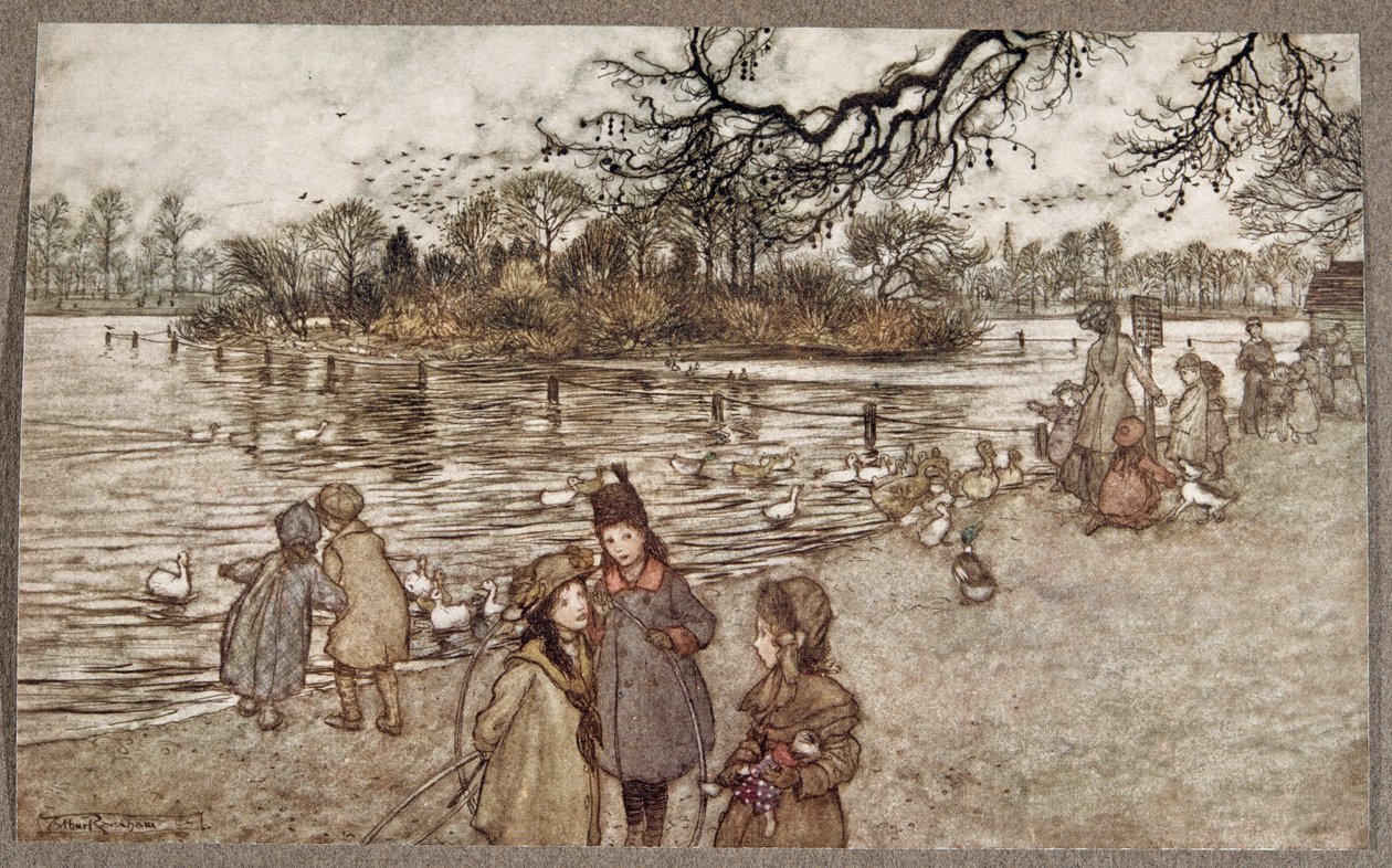 A Ilha na qual nascem todos os pássaros que se tornaram meninos e meninas, de Peter Pan em Kensington Gardens por JM Barrie (1860 - 1937), pub. 1906 de Arthur Rackham