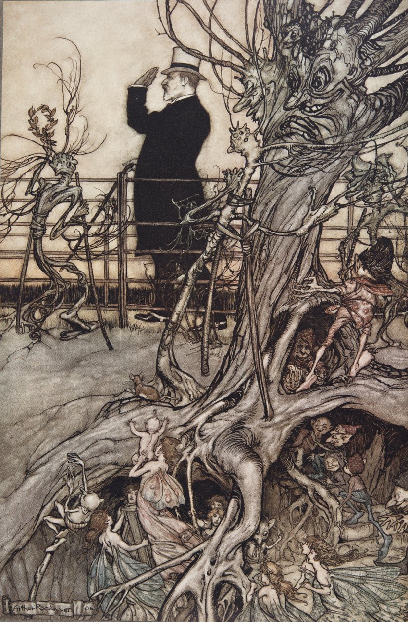 Os Kensington Gardens estão em Londres, onde vive o Rei...", de Peter Pan em Kensington Gardens por J M Barrie (1860 - 1937), pub. 1906 (cor litho) de Arthur Rackham