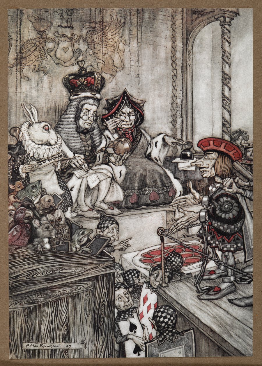 O Knave de Corações no cais perante a Rainha e o Rei de Corações acusado de roubar as tortas de Arthur Rackham