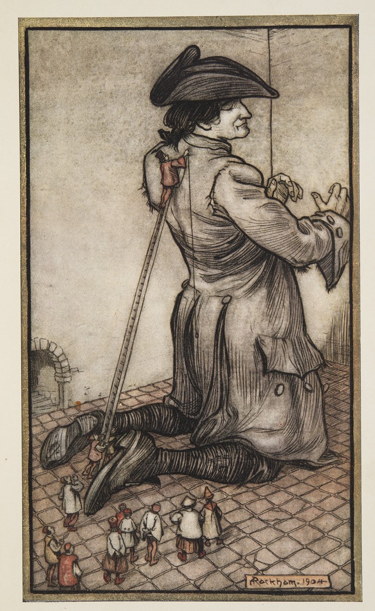 Os alfaiates liliputianos medem Gullliver para um novo terno de roupas, de Gullivers Travels por Jonathon Swift (1667 - 1745), pub. 1909 de Arthur Rackham