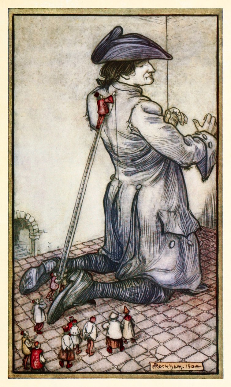 Os alfaiates liliputianos medem Gulliver para uma nova vestimenta da Parte I: Uma Viagem para Lilliput em Gullivers Viaja por Jonathan Swift de Arthur Rackham