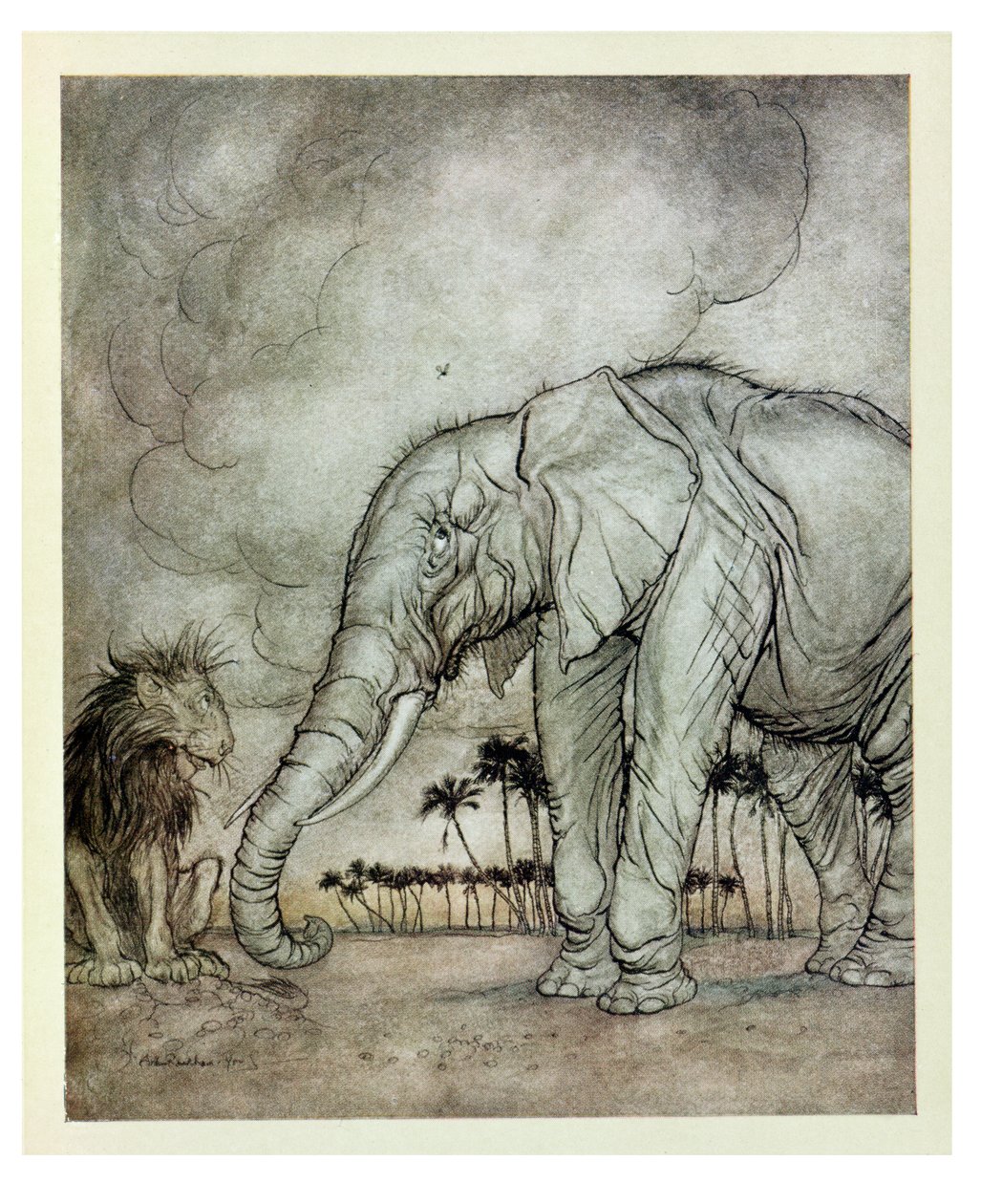 O Leão, Júpiter e o Elefante, ilustração de &39;Fábulas de Esopo&39;, publicado por Heinemann, 1912 de Arthur Rackham