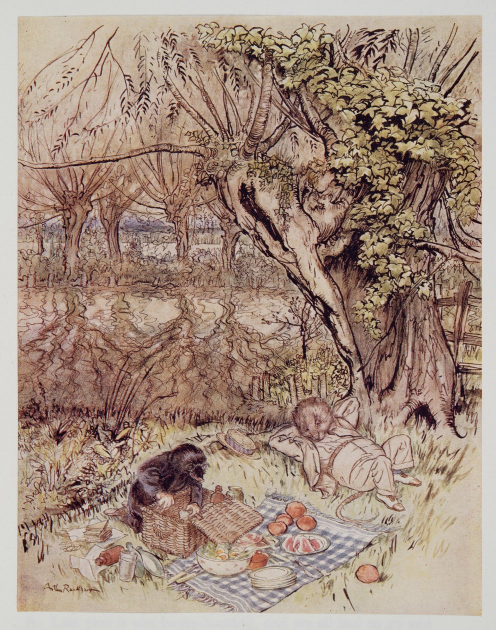 O Mole pediu como um favor a ser autorizado a descompactar tudo sozinho, de Wind in the Willows por Kenneth Grahame (1859 - 1932), pub. 1940 de Arthur Rackham