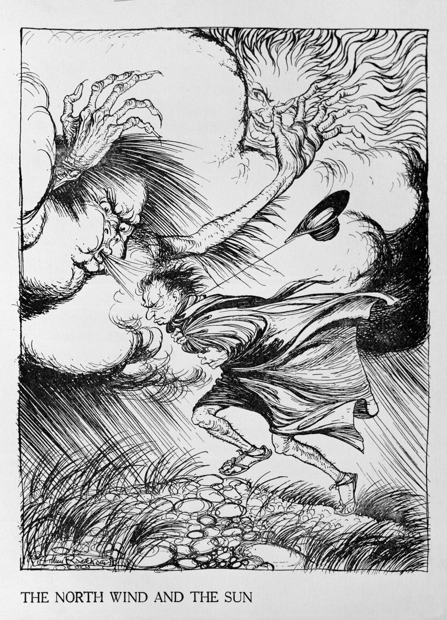 O Vento Norte e o Sol, ilustração de &39;Fábulas de Esopo&39;, publicado por Heinemann, 1912 de Arthur Rackham