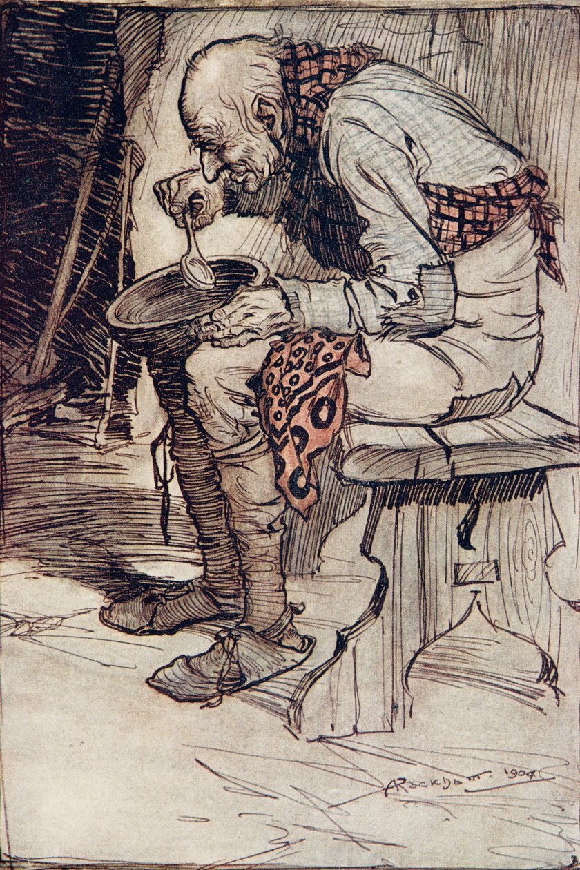O Velho tinha que sentar-se sozinho e comer sua comida de uma tigela de madeira ... de Os Contos de Fadas dos Irmãos Grimm, pub. 1909 de Arthur Rackham