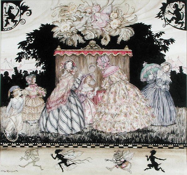 The Peep Show, ilustração de capa de "Costumes Através da Idade", Maggs Brothers de Arthur Rackham