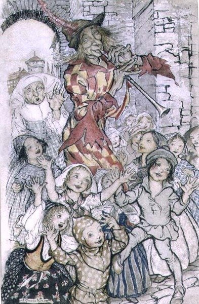 A flauta de Hamelin, ilustração para o poema de Robert Browning (1812-89) pub. 1934 (caneta e tinta, aguarela sobre papel) de Arthur Rackham