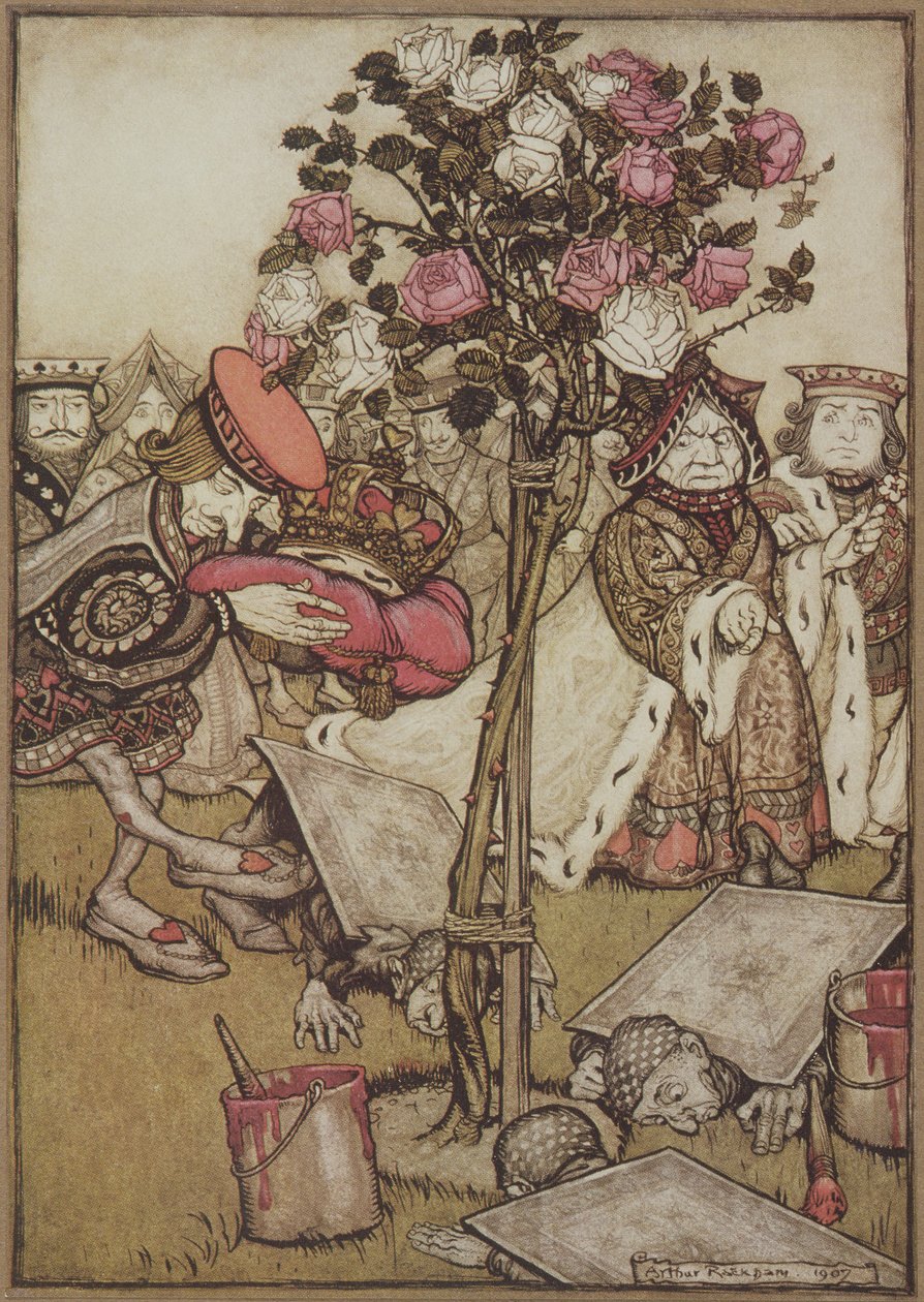 A rainha se afastou dele com raiva e disse ao Knave: "Vira-os", de Alice