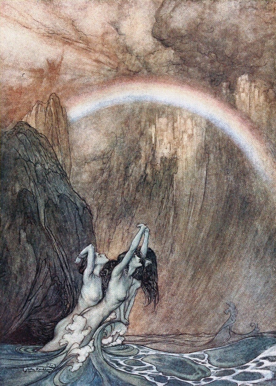 Os Rhinemaidens lamentam seu ouro perdido. Ilustração para The Rhinegold e The Valkyrie de Richar de Arthur Rackham