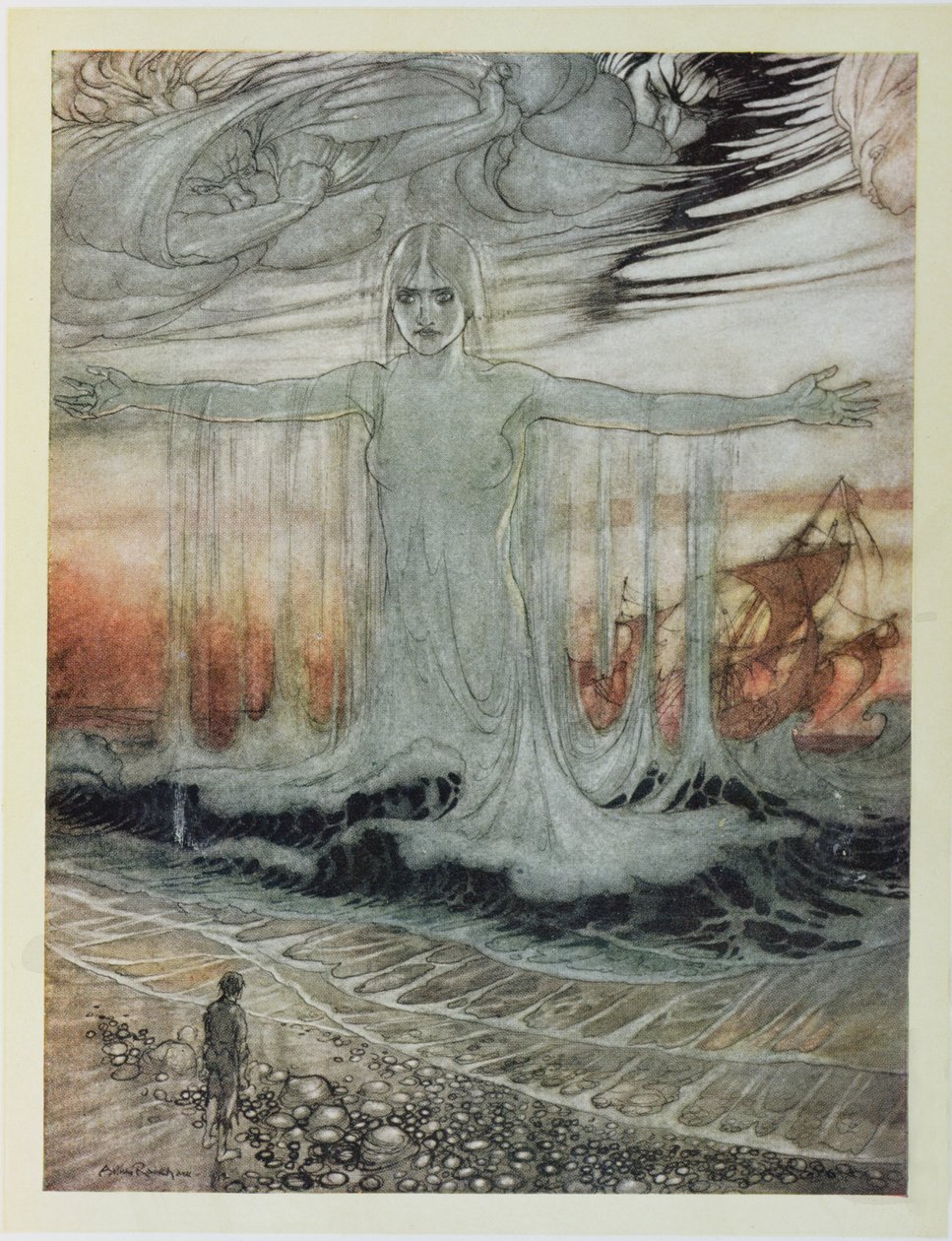 O homem naufragado e o mar, ilustração de &39;fábulas de Esopo&39;, publicado por Heinemann, 1912 de Arthur Rackham