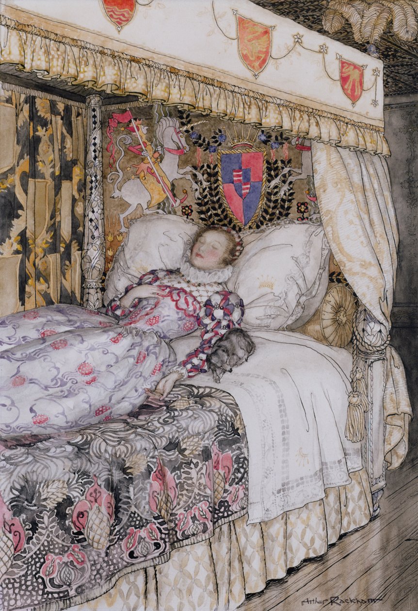 A princesa adormecida, ilustração para o livro de fadas aliados, Heinemann, 1916 (caneta & tinta com wc no papel) de Arthur Rackham