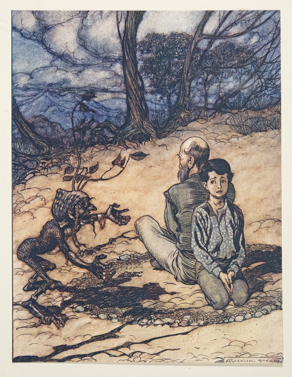 O Filho fez um círculo, e seu pai e ele tomaram seus lugares dentro dele, e o pequeno Mannikin preto apareceu em Os Contos de Fadas dos Irmãos Grimm, pub. 1909 de Arthur Rackham