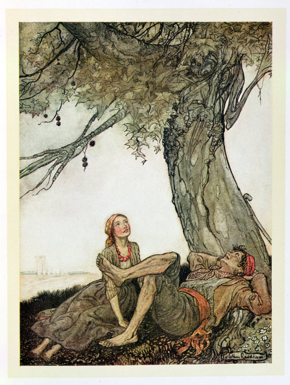 The Travellers and the Plane Tree, ilustração de &39;Fábulas de Esopo&39;, publicada por Heinemann, 1912 de Arthur Rackham