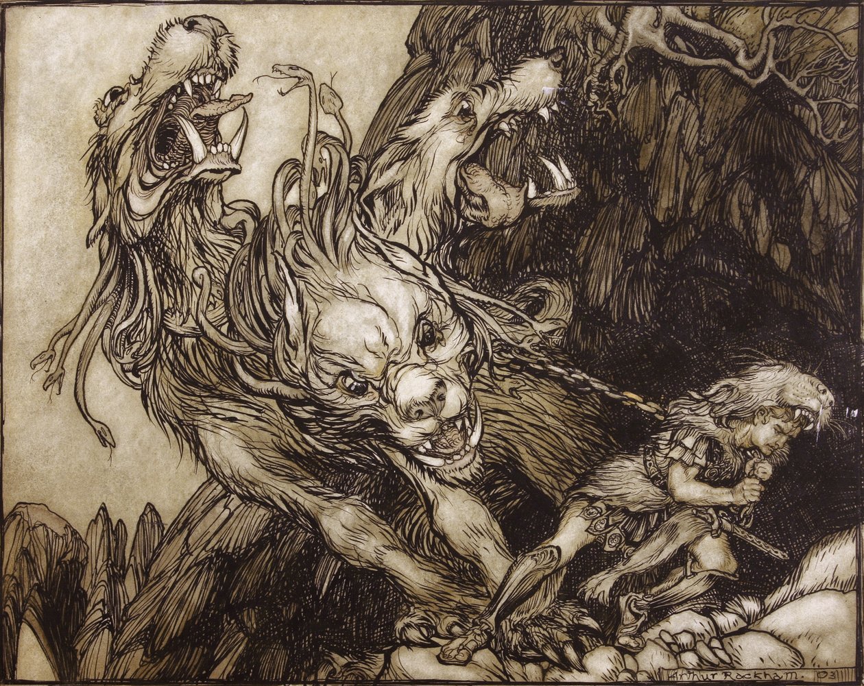 O décimo segundo trabalho de Hércules, ilustração dos heróis gregos por BG Niebuhr, 1903 (caneta e tinta e wc no papel) de Arthur Rackham