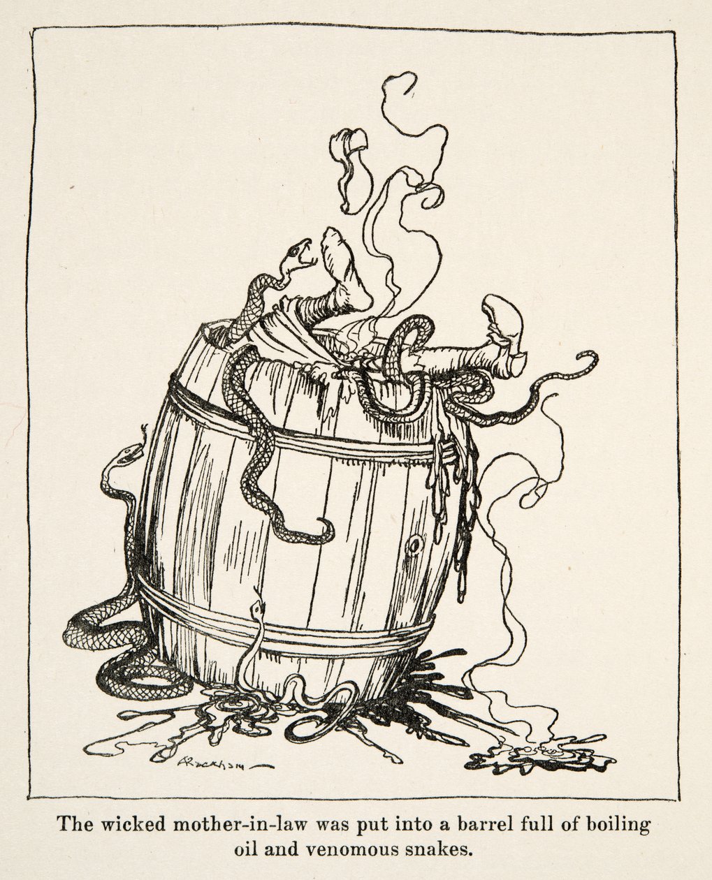 A sogra má foi colocada em um barril cheio de óleo fervente e cobras venenosas, de Little Brother & Little Sister e Outros Contos dos Irmãos Grimm, pub.1917 (litho) de Arthur Rackham