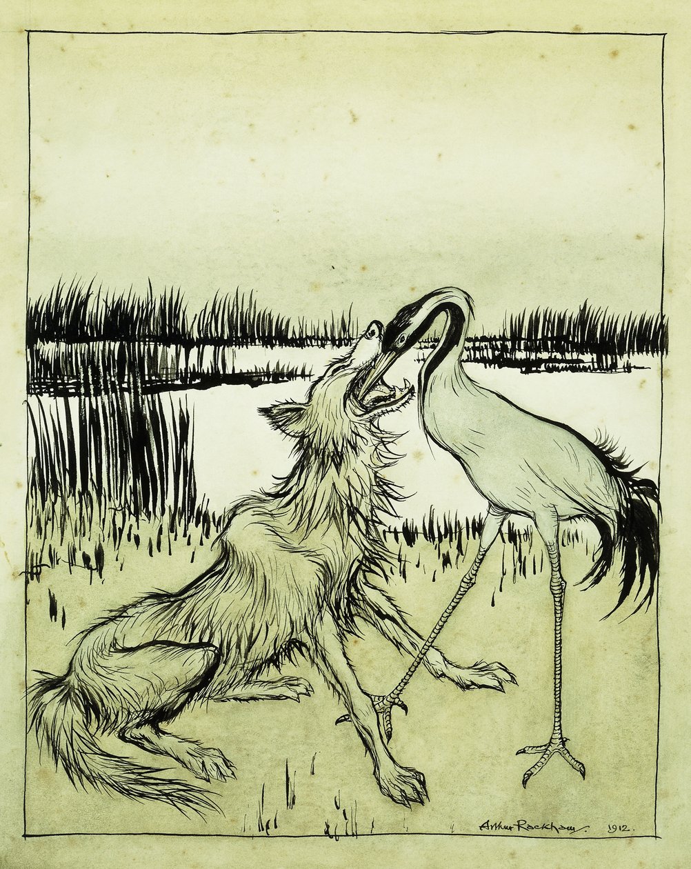 O lobo e o guindaste - fábulas de Esopo, 1912 de Arthur Rackham