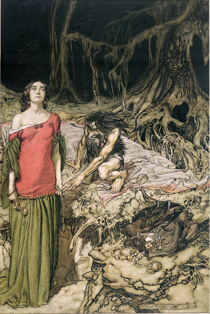 O Cortejo de Grimhilde, a mãe de Hagen de &39;Siegfried e o Crepúsculo dos Deuses&39; por Richard Wagner, traduzido por Margaret Armour, 1911 de Arthur Rackham