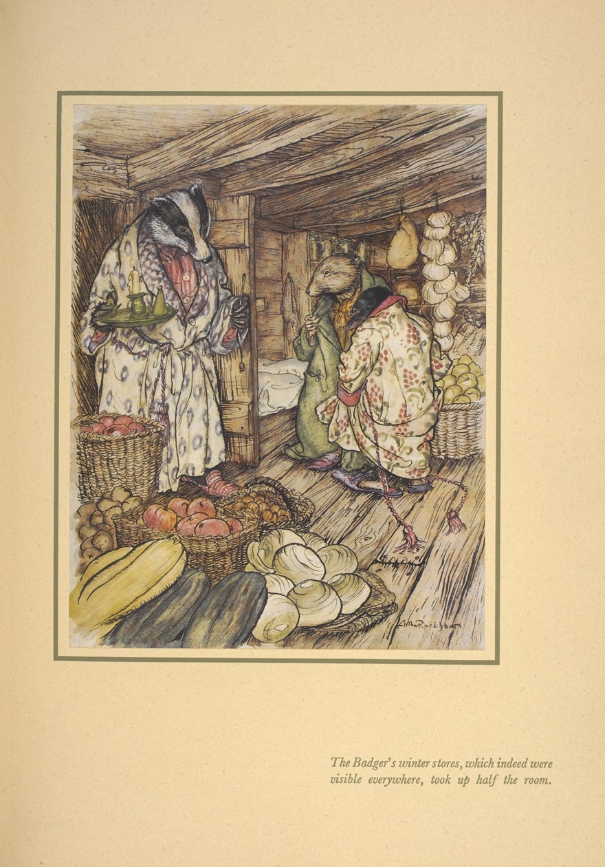 As lojas de inverno do texugo, que de facto eram visíveis em todo o lado, ocuparam metade da sala". de Arthur Rackham