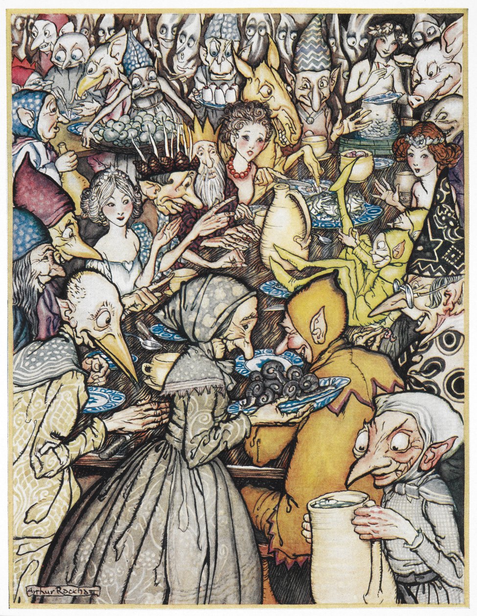 "O banquete onde a empresa realmente grande foi montada". O rei Elfin, com uma coroa dourada, as suas filhas, e os duendes e trolls reuniram-se para uma refeição. Ilustração para "a colina dos duendes". de Arthur Rackham
