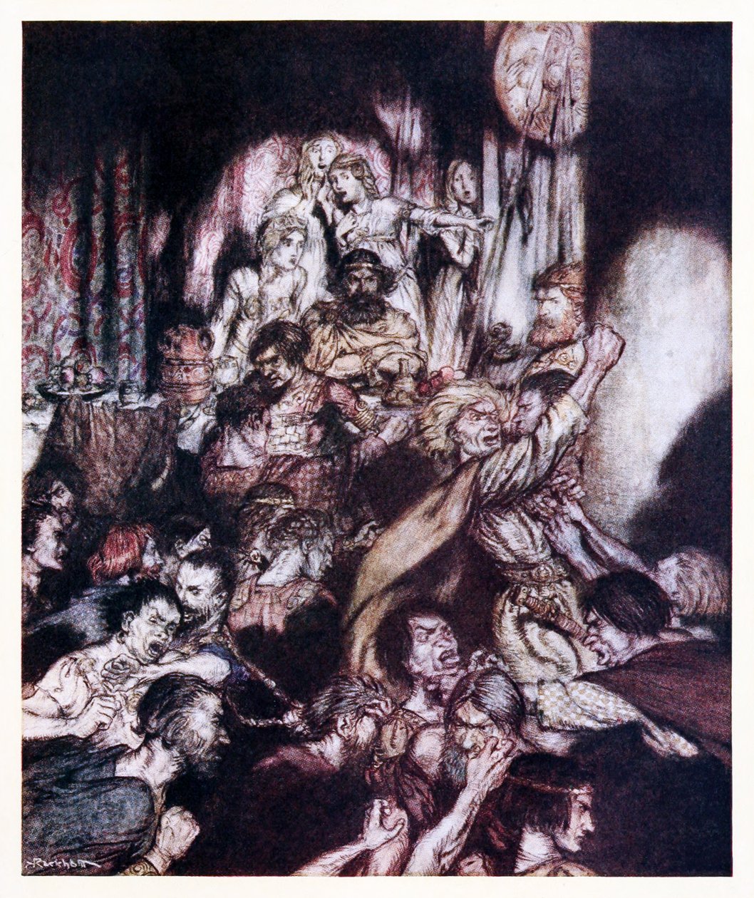 A sala de banquetes estava em tumulto. da pequena briga em contos de fadas irlandeses de Arthur Rackham